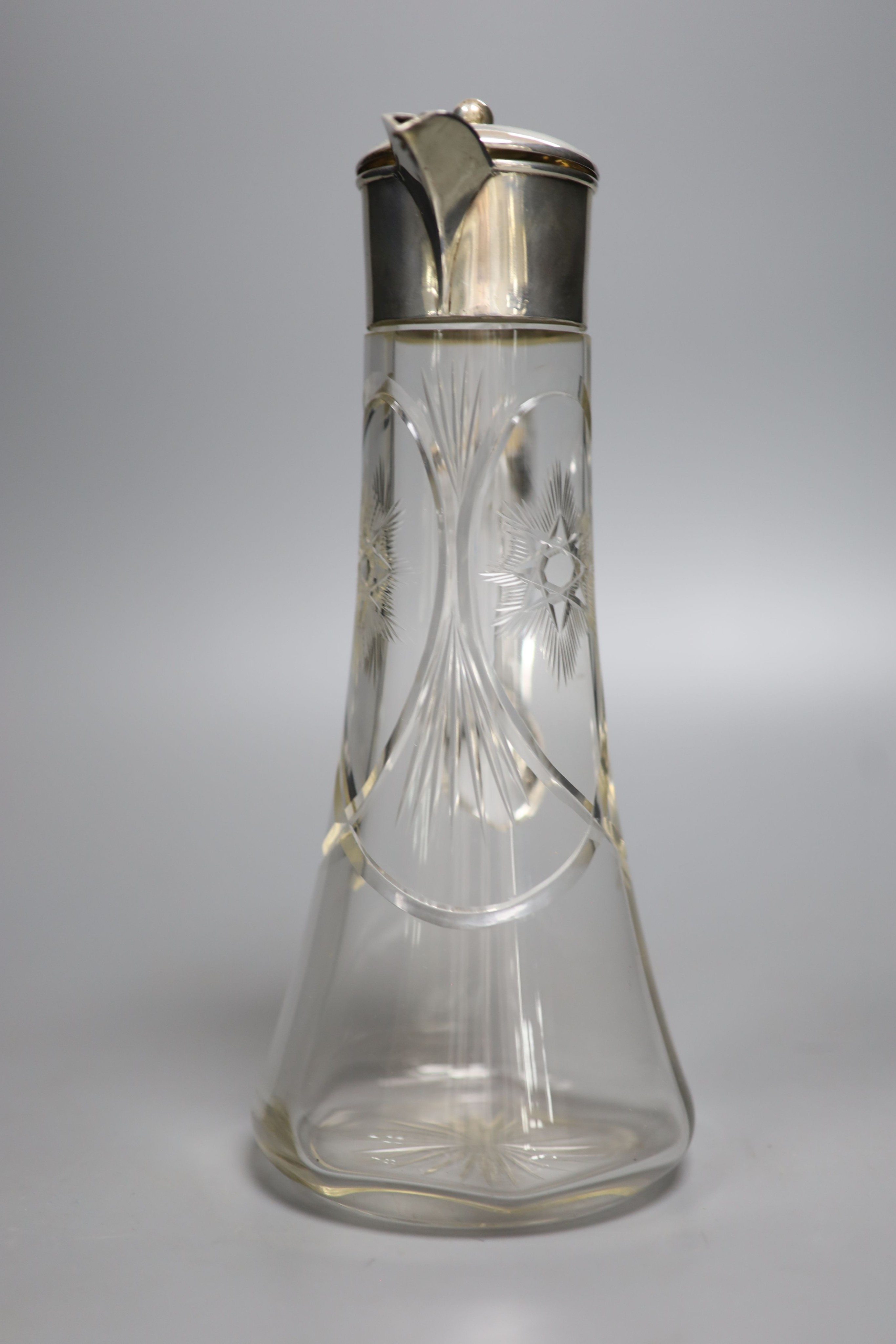 An Edwardian silver mounted glass claret jug, James Deakin & Sons, Sheffield, 1908, 26.2cm.